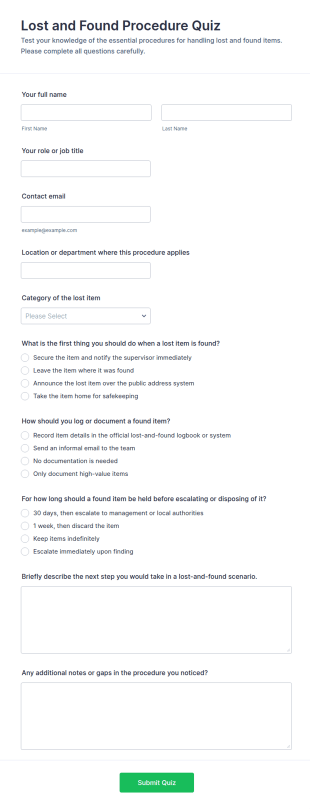Lost And Found Procedure Quiz Form Template