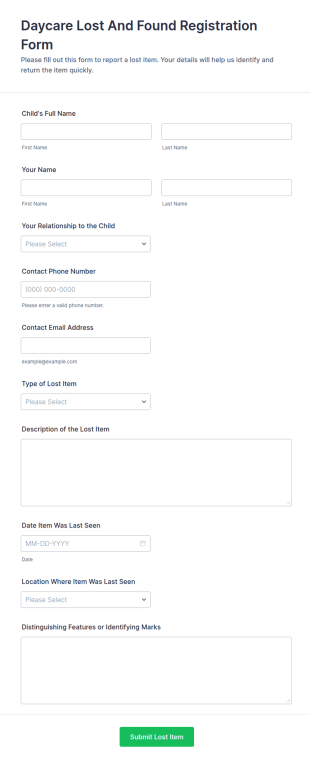 Lost And Found Registration Form Template