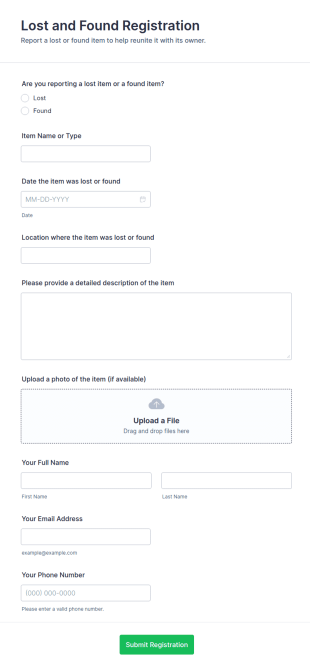 Lost And Found Registration Form Template