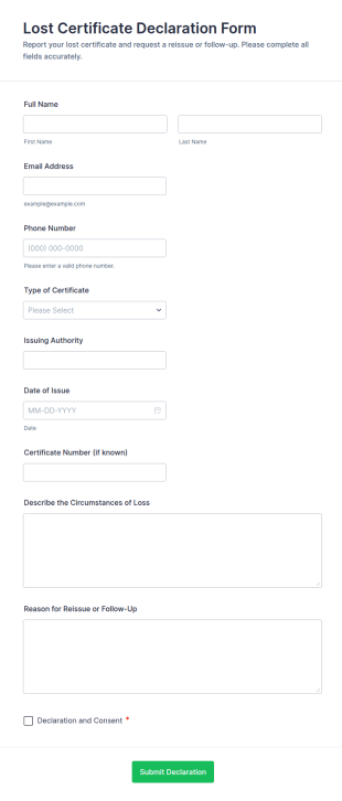 Lost Certificate Declaration Form Template