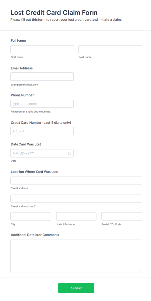 Lost Credit Card Claim Form Form Template