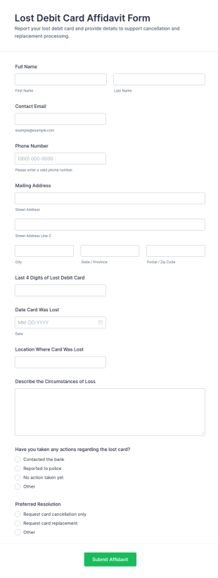 Lost Debit Card Affidavit Form Template