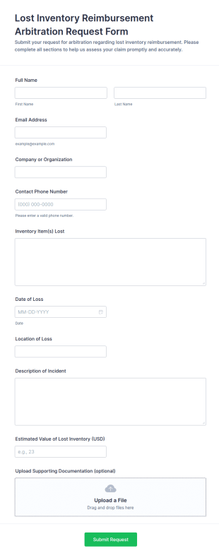 Lost Inventory Reimbursement Arbitration Request Form Template