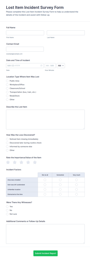 Lost Item Incident Survey Form Template