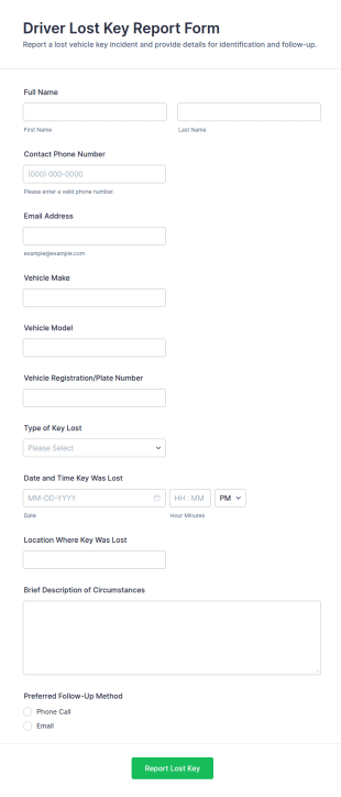 Lost Key Report Form Template