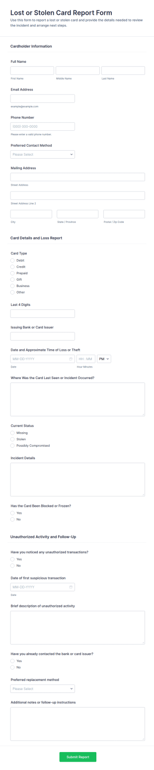 Lost Or Stolen Card Report Form Template