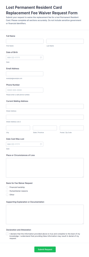 Lost Permanent Resident Card Replacement Fee Waiver Request Form Template