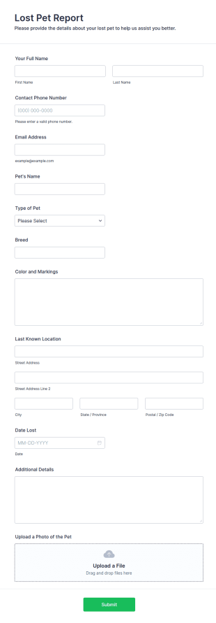 Lost Pet Report Form Template