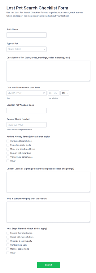 Lost Pet Search Checklist Form Template