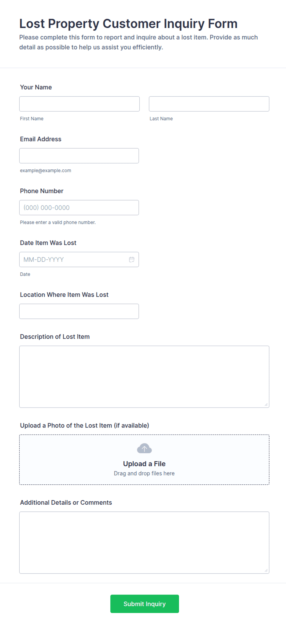 Lost Property Customer Inquiry Form Template | Jotform