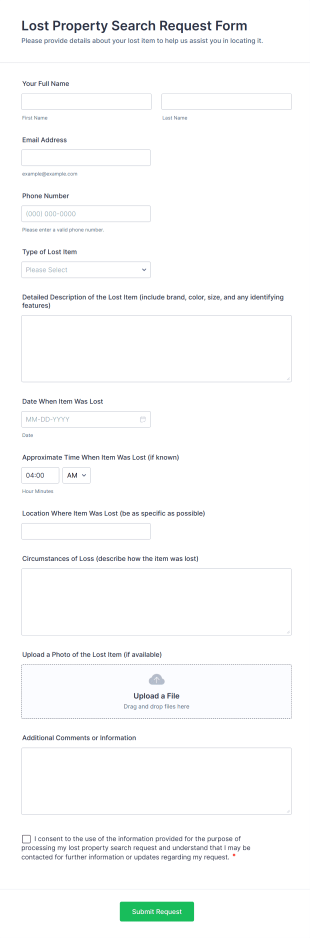 Lost Property Search Request Form Template