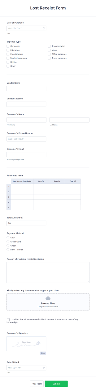 Lost Receipt Form Template