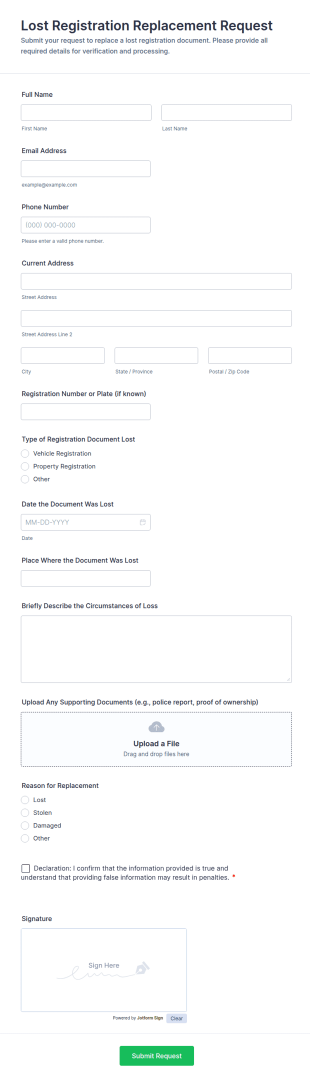 Lost Registration Replacement Request Form Template