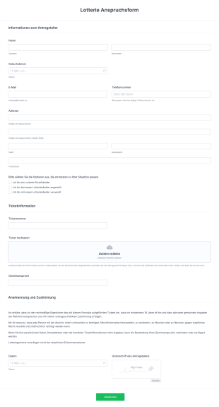 Lotterie Anspruchsform Form Template