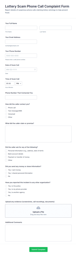 Lottery Scam Phone Call Complaint Form Template