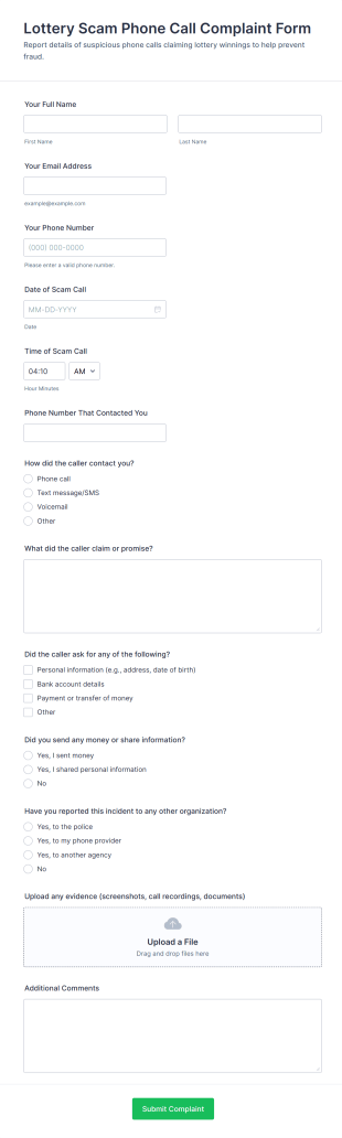 Lottery Scam Phone Call Complaint Form Template