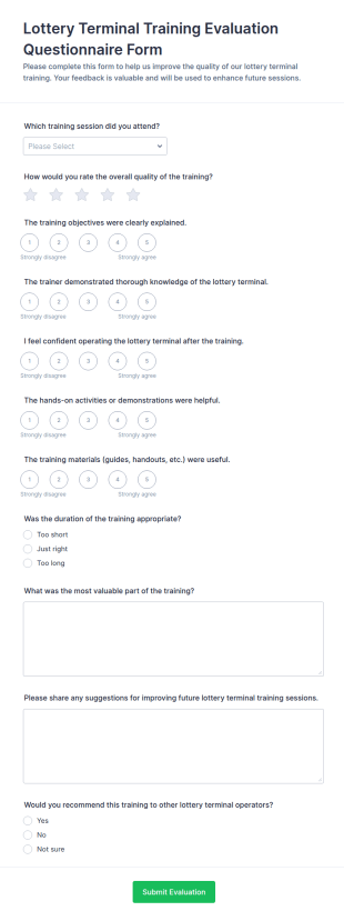 Lottery Terminal Training Evaluation Questionnaire Form Template
