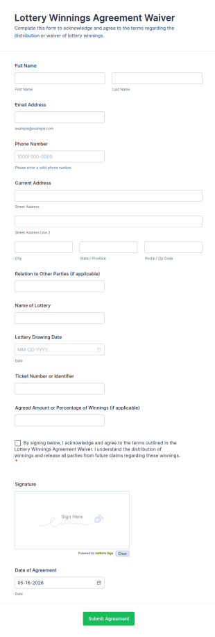 Lottery Winnings Agreement Waiver Form Template