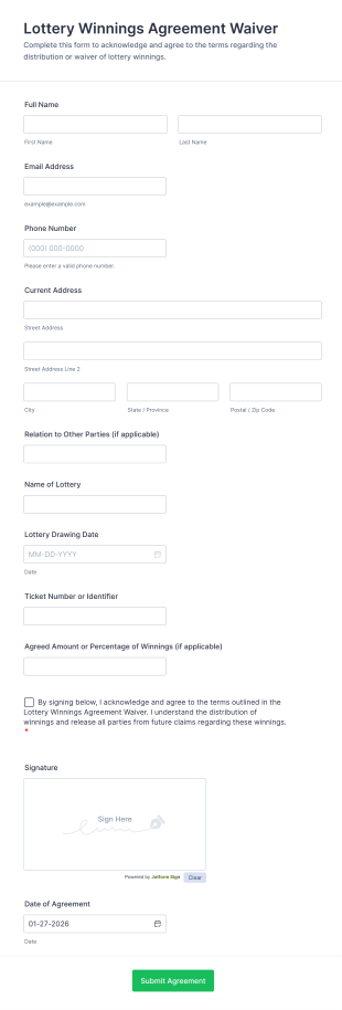 Lottery Winnings Agreement Waiver Form Template