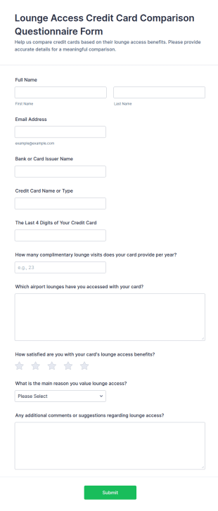Lounge Access Credit Card Comparison Questionnaire Form Template