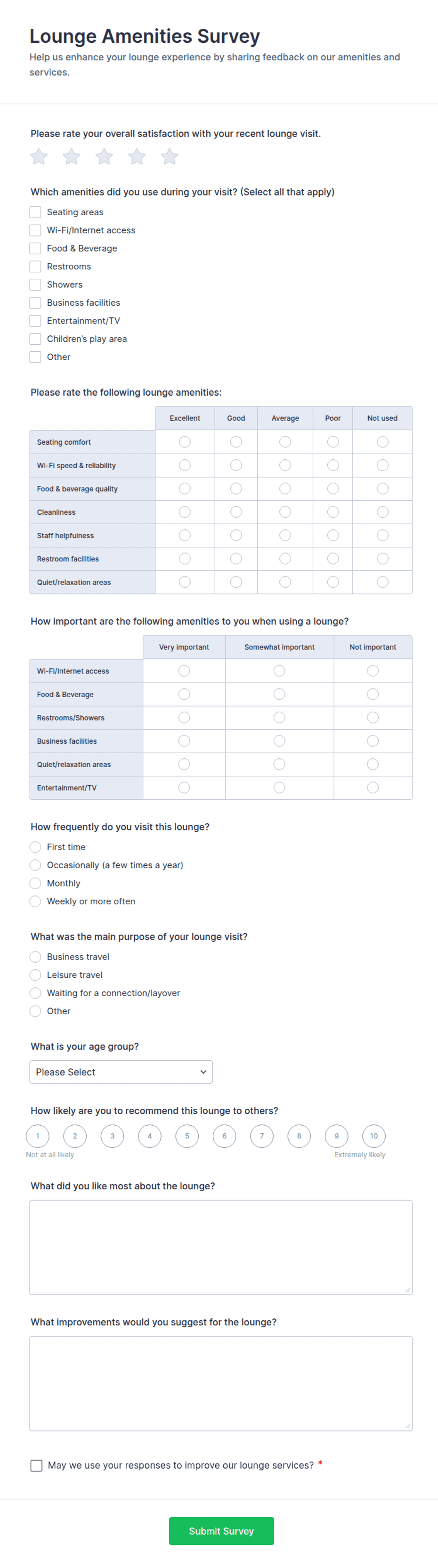 Lounge Amenities Survey Form Template | Jotform