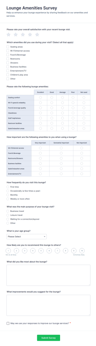 Lounge Amenities Survey Form Template