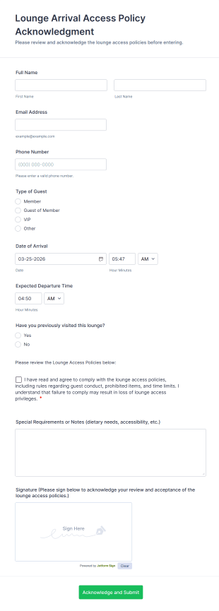Lounge Arrival Access Policy Acknowledgment Form Template