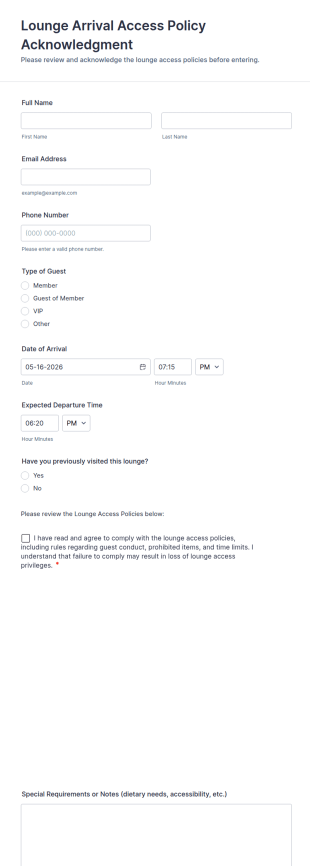 Lounge Arrival Access Policy Acknowledgment Form Template