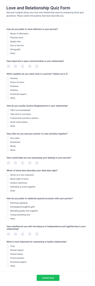 Love And Relationship Quiz Form Template