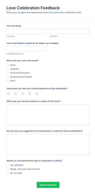 Love Celebration Feedback Form Template