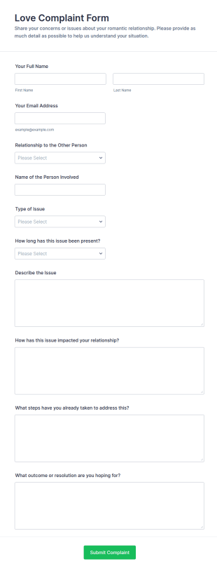 Love Complaint Form Template