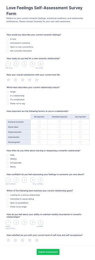 Love Feelings Self Assessment Survey Form Template