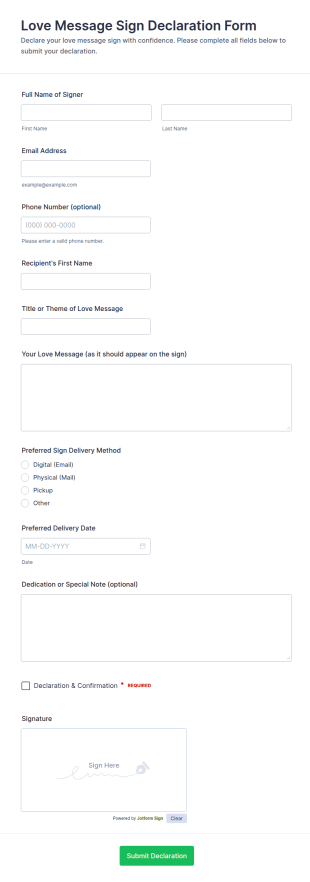 Love Message Sign Declaration Form Template