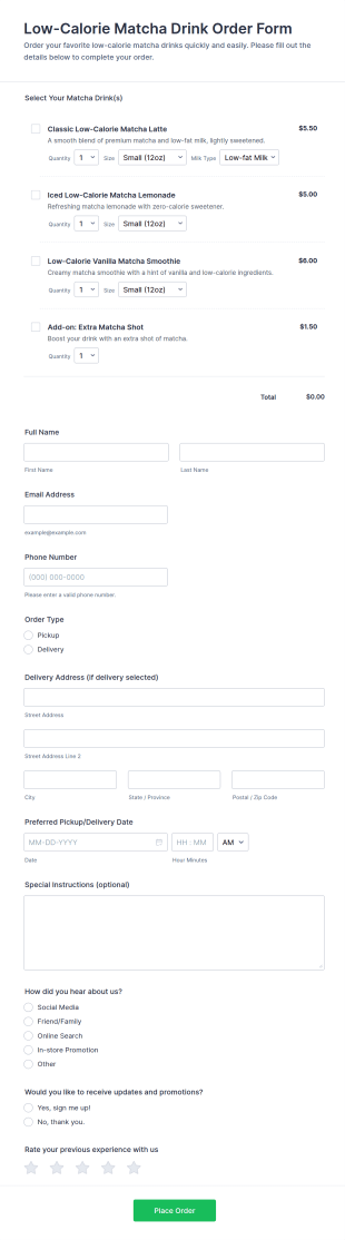 Low Calorie Matcha Drink Order Form Template