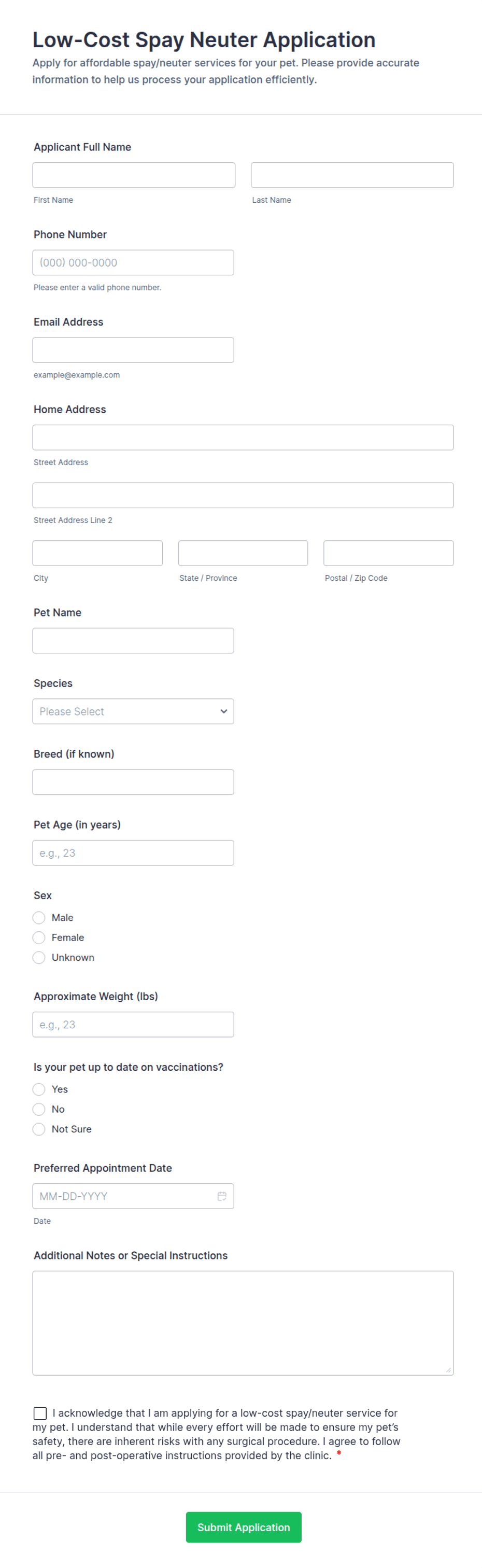 Low-Cost Spay Neuter Application Form Template | Jotform