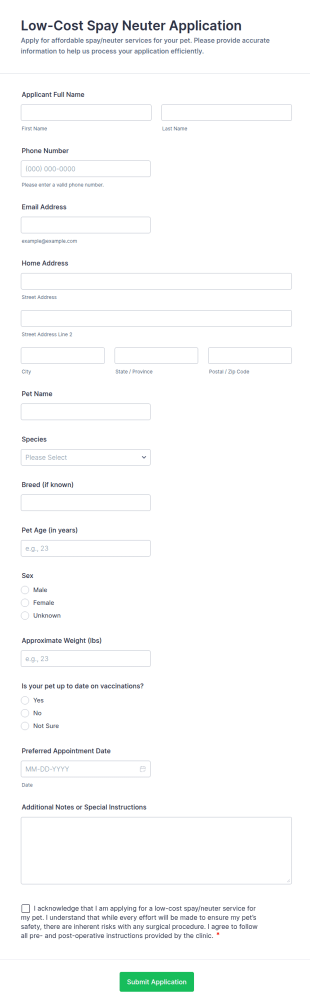 Low Cost Spay Neuter Application Form Template