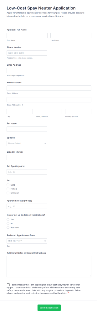 Low Cost Spay Neuter Application Form Template