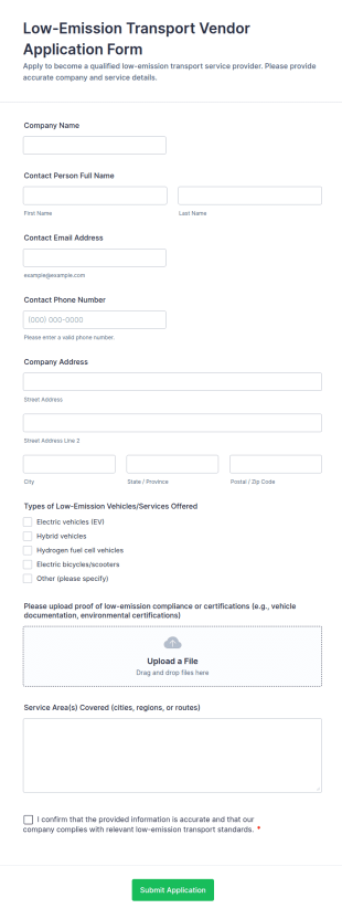 Low Emission Transport Vendor Application Form Template