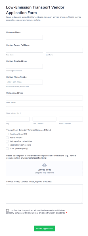 Low Emission Transport Vendor Application Form Template