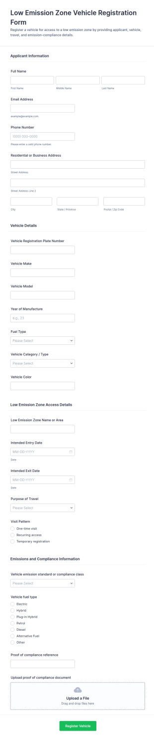 Low Emission Zone Vehicle Registration Form Template