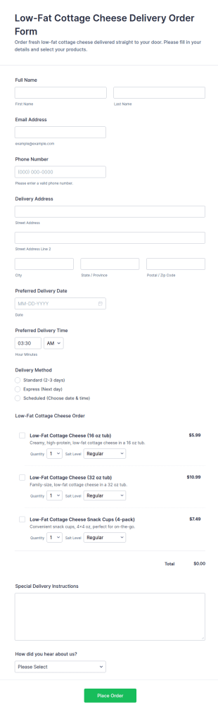 Low Fat Cottage Cheese Delivery Order Form Template