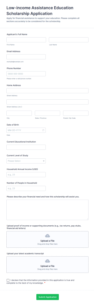 Low Income Assistance Education Scholarship Application Form Template