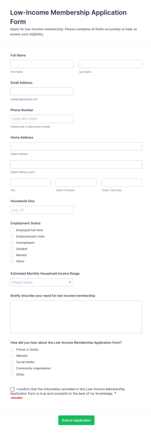 Low Income Membership Application Form Template