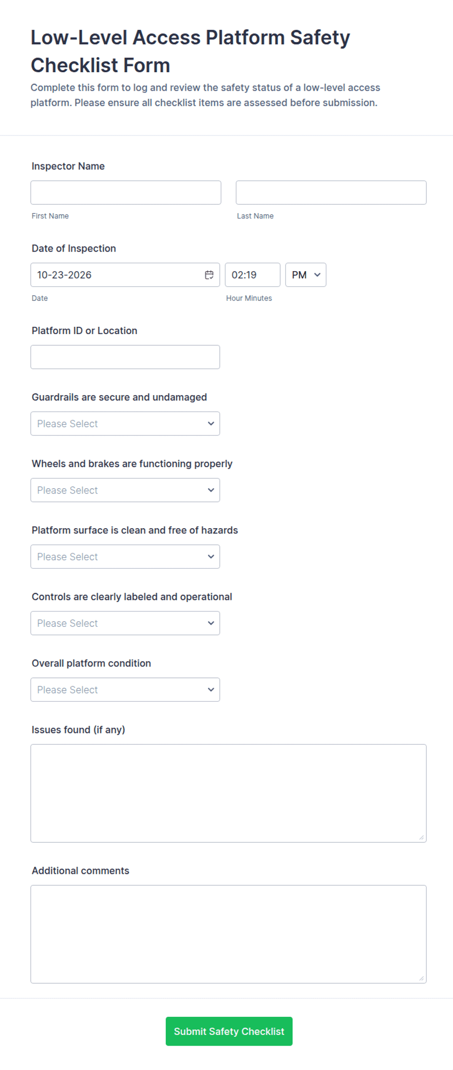 Low-Level Access Platform Safety Checklist Form Template | Jotform