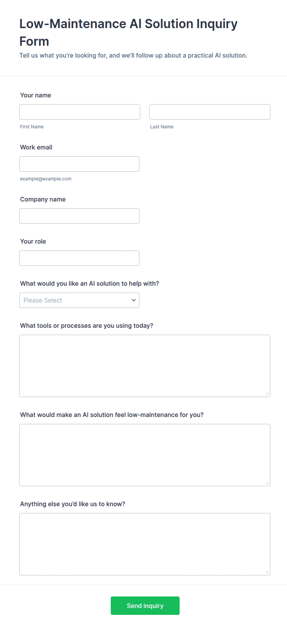 Low-Maintenance AI Solution Inquiry Form Template | Jotform