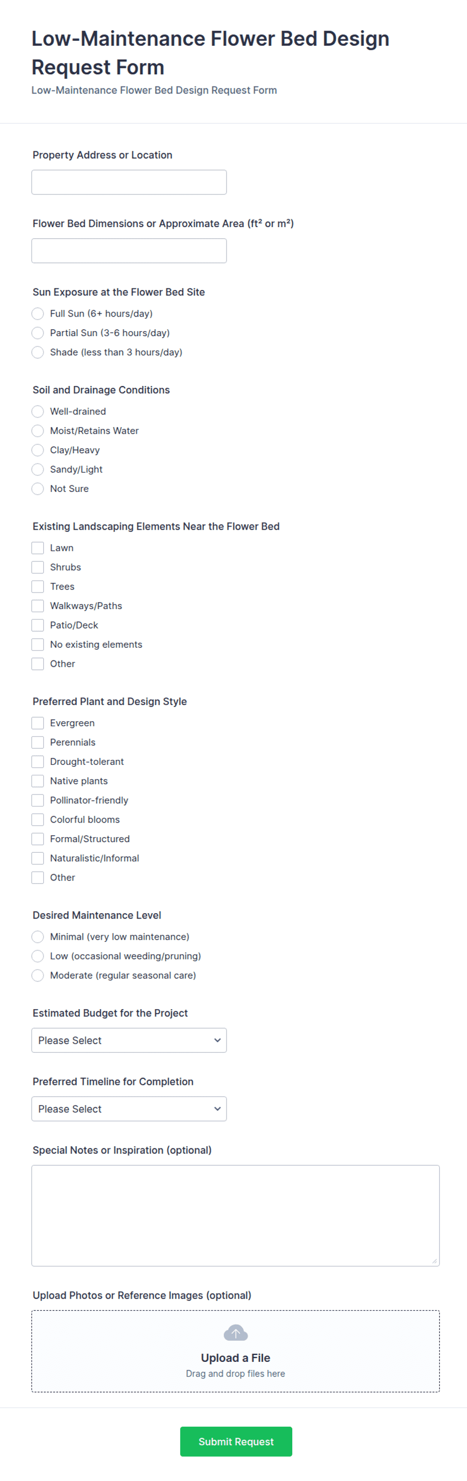 Low-Maintenance Flower Bed Design Request Form Template | Jotform
