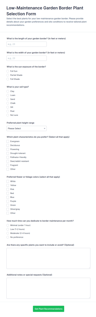 Low Maintenance Garden Border Plant Selection Form Template