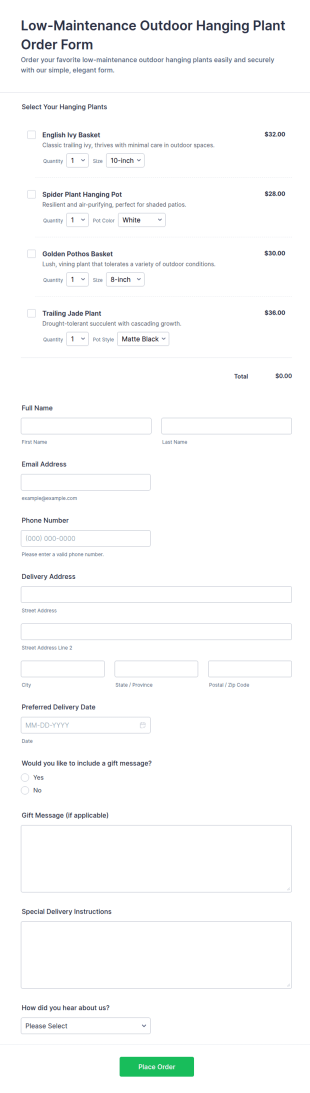 Low Maintenance Outdoor Hanging Plant Order Form Template