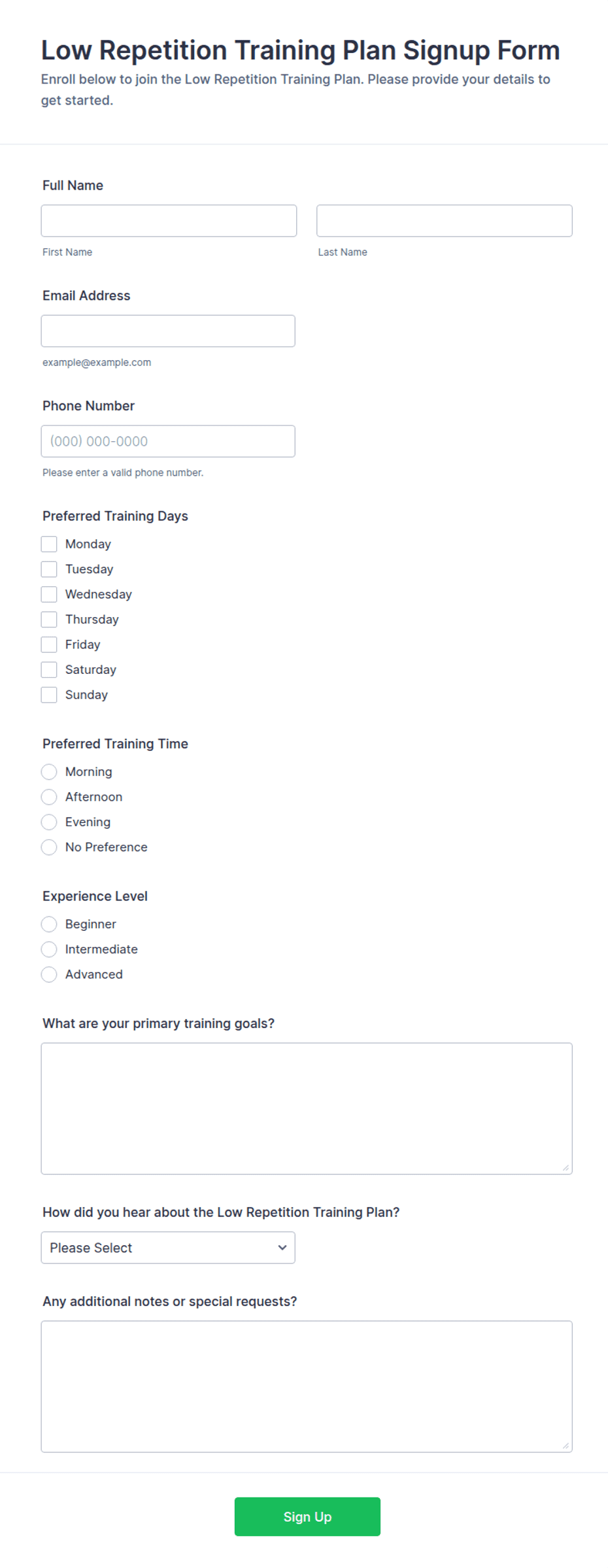 Low Repetition Training Plan Signup Form Template | Jotform