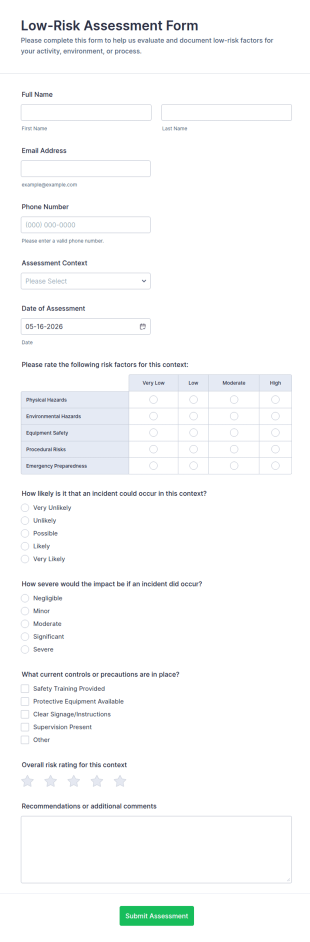 Low Risk Assessment Form Template